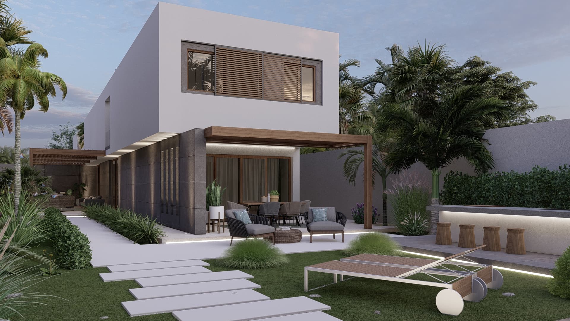 Villa B: Render fotorealistico di living outdoor con pergolato, sedute in legno e bar esterno retroilluminato, villa contemporanea Monica Campana.