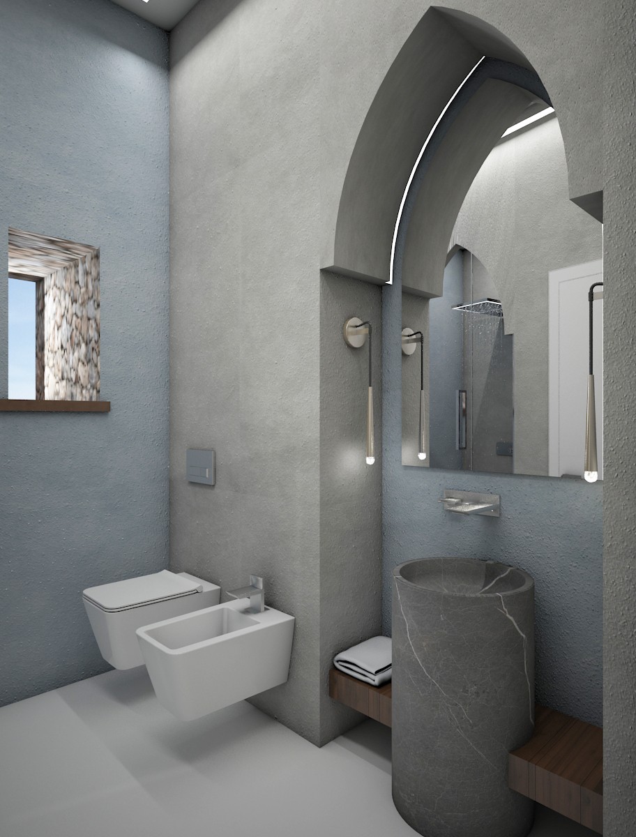 Ristrutturazione di una dammuso - Bagno con arco, lavabo cilindrico in pietra e doccia a parete, render 3D