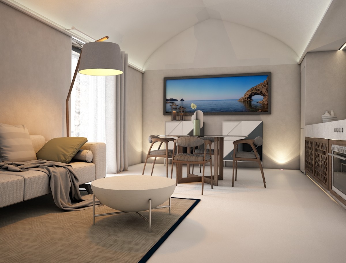 Ristrutturazione di un dammuso, zona giorno con tavolo, divano e cucina integrata in toni neutri, render 3D