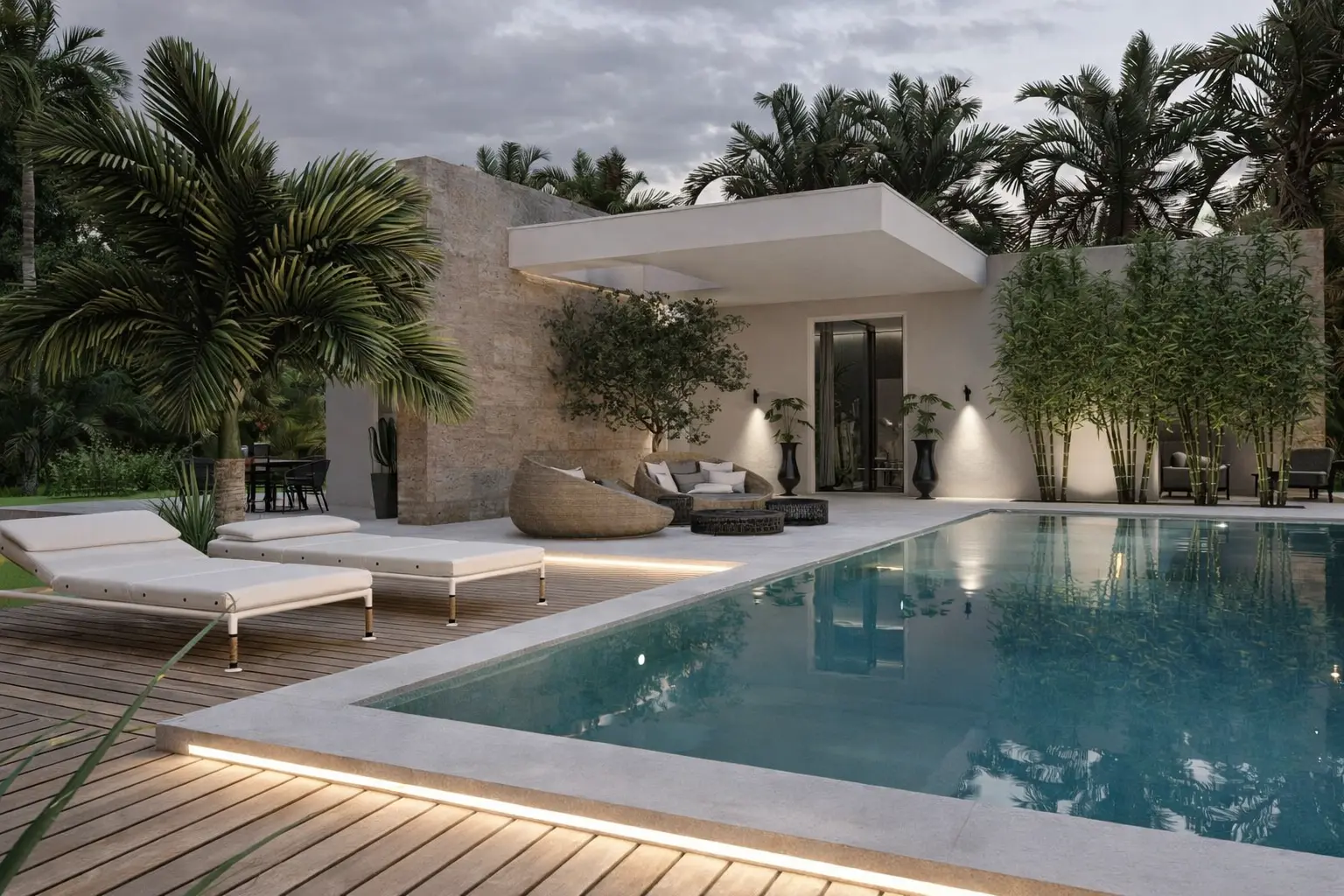 Villa MA: Render fotorealistico di villa contemporanea immersa nel verde, con piscina e arredi outdoor di design, realizzato da Monica Campana in Sicilia.